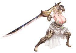 Rule 34 | 1girl, absurdres, armor, blonde hair, breasts, circlet, closed mouth, commentary, copyright request, earrings, english commentary, flower, gauntlets, hair flower, hair ornament, highres, holding, holding sword, holding weapon, huge breasts, jewelry, looking at viewer, meowx25, monster hunter (character), monster hunter (series), nipple slip, nipples, simple background, smile, solo, sword, vaal hazak (armor), weapon, white background, white flower, yellow eyes