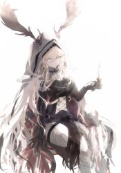 Rule 34 | 1girl, animal ears, antlers, antlers through headwear, arknights, armored boots, asymmetrical gloves, backlighting, bare shoulders, belt, belt buckle, black dress, black gloves, blonde hair, blue eyes, boots, breasts, buckle, candle, closed mouth, commentary request, deer antlers, deer ears, deer girl, dress, ears through headwear, elbow gloves, expressionless, feet out of frame, gloves, highres, holding, holding candle, horns, invisible chair, long hair, looking at viewer, mebe (teadia violet), medium breasts, mismatched gloves, pantyhose, partial commentary, partially fingerless gloves, simple background, sitting, sleeveless, sleeveless dress, solo, thigh boots, thighhighs, veil, very long hair, viviana (arknights), white background, white thighhighs
