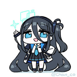 Rule 34 | 1girl, absurdly long hair, aris (blue archive), arm up, black hair, black hairband, black skirt, black socks, blue archive, blue necktie, chan co, chibi, coat, collared shirt, commentary, full body, hair between eyes, hairband, halo, long hair, long sleeves, looking at viewer, miniskirt, necktie, one side up, open clothes, open coat, open mouth, pleated skirt, shirt, simple background, skirt, sleeves past wrists, smile, socks, solo, sparkle, standing, twitter username, very long hair, white coat, white footwear, white shirt