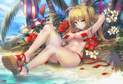 Rule 34 | 1girl, ahoge, anklet, arm behind head, armpits, artist name, ass, beach, bikini, blonde hair, blush, bracelet, breasts, closed mouth, day, fate/grand order, fate (series), flower, green eyes, hair intakes, highres, jewelry, kyjsogom, large breasts, leaning back, long hair, looking at viewer, nail polish, navel, nero claudius (fate), nero claudius (fate) (all), nero claudius (swimsuit caster) (fate), ocean, sand, sandals, sitting, smile, solo, stomach, striped bikini, striped clothes, sunlight, swimsuit, thighs, tree, twintails, umbrella, underboob