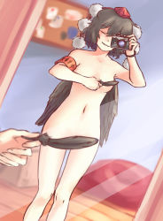 Rule 34 | 1girl, armband, black hair, black wings, camera, closed eyes, commentary, covering privates, covering breasts, covering crotch, dutch angle, feathers, feet out of frame, female pov, hat, highres, indoors, legs together, meme, mirror, navel, nude, one finger selfie challenge (meme), pom pom (clothes), pov, reflection, selfie, shameimaru aya, short hair, smug, solo, thigh gap, tokin hat, touhou, wings, yoruny