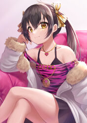 Rule 34 | 1girl, absurdres, animal print, black hair, commentary request, couch, crossed legs, feet out of frame, fur-trimmed jacket, fur trim, hair between eyes, hair ribbon, head rest, heart, heart necklace, highres, idolmaster, idolmaster cinderella girls, jacket, jewelry, leopard print, long hair, looking at viewer, matoba risa, necklace, off-shoulder shirt, off shoulder, open clothes, open jacket, print ribbon, ribbon, shirt, sitting, skirt, smile, solo, tsunenorip, twintails, yellow eyes