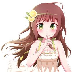 Rule 34 | 1girl, ahoge, bare arms, bare shoulders, blush, breasts, brown hair, cleavage, collarbone, covered mouth, dress, food, food-themed hair ornament, fruit, gochuumon wa usagi desu ka?, goth risuto, green eyes, hair ornament, hand up, highres, lemon, lemon hair ornament, lemon slice, long hair, looking at viewer, medium breasts, revision, simple background, sleeveless, sleeveless dress, solo, sparkle, ujimatsu chiya, upper body, very long hair, white background, white dress