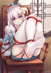 Rule 34 | 1girl, arms behind back, artist name, bdsm, blue eyes, blush, bondage, bound, chair, chinese clothes, chinese commentary, chinese text, commentary request, crotch rope, feet, foot focus, foreshortening, hair between eyes, hair ornament, heart, heart-shaped pupils, highres, honkai (series), honkai impact 3rd, indoors, legs up, light beam, looking at viewer, no shoes, open mouth, panties, pixiv id, red rope, restrained, revision, rope, sidelocks, sitting, soles, solo, symbol-shaped pupils, theresa apocalypse, zhuge kongming (honkai impact), thighhighs, toes, underwear, wedgie, white hair, white panties, white thighhighs, yiduan zhu, zhuge kongming (honkai impact)