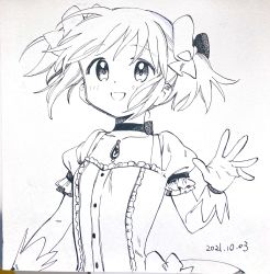Rule 34 | 1girl, 2021, arm at side, bow, buttons, center frills, choker, collarbone, dated, dot nose, flat chest, floating hair, frilled sleeves, frills, gloves, hair ribbon, hand up, happy, highres, kaname madoka, light blush, looking at viewer, mahou shoujo madoka magica, mahou shoujo madoka magica (anime), marker (medium), monochrome, no+bi=, open mouth, photo (medium), puffy short sleeves, puffy sleeves, ribbon, ribbon choker, short sleeves, short twintails, simple background, skirt, smile, solo, soul gem, tareme, traditional media, twintails, upper body, waist bow, waving