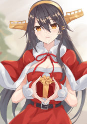 Rule 34 | 1girl, belt, belt buckle, black belt, black hair, blush, box, breasts, buckle, capelet, christmas, christmas tree, gensoukitan, gift, gift box, hair between eyes, hair ornament, hairband, hairclip, haruna (kancolle), headgear, highres, holding, holding gift, kantai collection, large breasts, long hair, looking at viewer, open mouth, orange eyes, pom pom (clothes), red capelet, santa costume, smile, solo, upper body