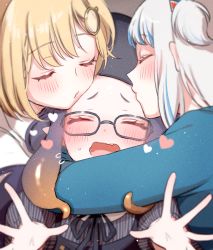 Rule 34 | 3girls, blonde hair, blush, closed eyes, commentary request, embarrassed, fang, gawr gura, girl sandwich, glasses, hair ornament, hololive, hololive english, hug, kiss, kissing forehead, mamaloni, multicolored hair, multiple girls, ninomae ina&#039;nis, ninomae ina&#039;nis (casual), official alternate costume, open mouth, purple hair, sandwiched, streaked hair, tentacle hair, virtual youtuber, watson amelia, white hair