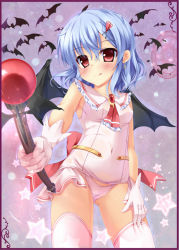 Rule 34 | 1girl, :p, bat (animal), bat wings, blue hair, blush, cameltoe, covered navel, female focus, fujieda uzuki, gloves, hair ornament, looking at viewer, magical girl, nontraditional school swimsuit, one-piece swimsuit, pink one-piece swimsuit, red eyes, remilia scarlet, school swimsuit, short hair, smile, solo, swimsuit, swimsuit costume, thighhighs, tongue, tongue out, touhou, wand, wings