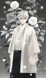 Rule 34 | 1boy, arms at sides, flower, glasses, grey background, grey eyes, highres, looking at viewer, male focus, sangatsu no lion, signature, solo, souya touji, standing, white hair, yum (unlucky)