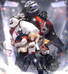 Rule 34 | 1girl, 4boys, absurdres, arm up, artist name, ball, black pants, black skin, blonde hair, blouse, blurry, blurry background, breasts, colored skin, confetti, dr. mundo, ejami, ezreal, fangs, feet out of frame, fur trim, grey background, headphones, highres, holding, jacket, large breasts, league of legends, multiple boys, muscular, muscular male, nunu (league of legends), open clothes, open jacket, orianna (league of legends), own hands together, pants, red jacket, red shirt, robot, sharp teeth, shen (league of legends), shirt, short hair, short sleeves, smile, teeth, tpa ezreal, tpa nunu, white fur, white shirt, willump, yeti (creature)