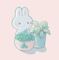 Rule 34 | animal focus, ayu (mog), blush, rabbit, halftone, leaf, looking at viewer, original, parted lips, pink background, plant, potted plant, signature, simple background