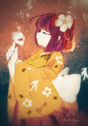 Rule 34 | 1girl, abstract background, blowing, dandelion, flower, from side, hieda no akyuu, highres, japanese clothes, red ribbon, ribbon, solo, touhou, upper body, yukidamayaki