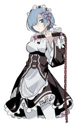 Rule 34 | 1girl, absurdres, bian (weapon), blue eyes, blue hair, breasts, chain whip, closed mouth, detached sleeves, dress, frills, gang bian (weapon), hair ornament, hair over one eye, hair ribbon, hairband, hand up, highres, holding, holding weapon, kiliko-san, looking down, maid, medium breasts, purple ribbon, re:zero kara hajimeru isekai seikatsu, rem (re:zero), ribbon, roswaal mansion maid uniform, short hair, simple background, solo, thighhighs, weapon, white background, white thighhighs, x hair ornament