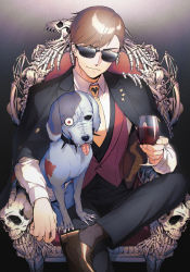 Rule 34 | 1boy, alcohol, animal skull, bliss (ferment factory), bone, brown hair, collared shirt, commentary, crossed legs, cup, dog, dog on lap, drinking glass, english commentary, highres, holding, holding cup, jacket, jacket on shoulders, long sleeves, male focus, mixed-language commentary, necktie, pants, red vest, romero (zombie land saga), shirt, shoes, short hair, sitting, skeleton, skull, socks, sunglasses, tatsumi koutarou, throne, tongue, tongue out, vest, wine, wine glass, yellow neckwear, zombie, zombie land saga