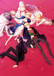 Rule 34 | 2girls, 4boys, ahoge, arthur pendragon (fate), artoria pendragon (all), artoria pendragon (fate), bad id, bad pixiv id, barefoot, bedivere (fate), berserker (fate/zero), blonde hair, bracelet, cape, dress, fate/prototype, fate/stay night, fate/zero, fate (series), formal, gilgamesh (fate), green eyes, highres, irisviel von einzbern, irisviel von einzbern (angel&#039;s song), jewelry, kanmuri (hanyifan30338), kiss, kissing hand, long hair, multiple boys, multiple girls, necklace, petals, purple hair, red eyes, saber (fate), suit, twintails, white hair