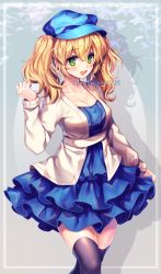 Rule 34 | 1girl, artist name, black thighhighs, blonde hair, blue dress, blue hat, blush, breasts, cardigan, cleavage, collarbone, commission, cowboy shot, dokibird (vtuber), dress, frilled dress, frills, green eyes, hair between eyes, hat, highres, indie virtual youtuber, long sleeves, looking at viewer, medium breasts, open mouth, sasucchi95, short hair, short twintails, smile, solo, standing, sweater, thighhighs, twintails, virtual youtuber, white cardigan, zettai ryouiki
