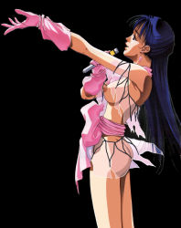 Rule 34 | 1980s (style), 1girl, ass, blue hair, breasts, choujikuu yousai macross, earrings, gloves, highres, jewelry, large breasts, long hair, lynn minmay, macross, macross: do you remember love?, microphone, retro artstyle, retro artstyle, solo, third-party edit