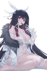 Rule 34 | 1girl, babydoll, bandaged arm, bandaged leg, bandages, bare shoulders, barefoot, black hair, bow, breasts, cleavage, coat, columbina (genshin impact), drinking straw, eye mask, food, fork, fruit, fur-trimmed coat, fur trim, genshin impact, gloves, hair ornament, hand up, head wings, highres, holding, holding fork, kaneko (bblogtinhan), large breasts, long hair, looking at viewer, multicolored hair, navel, open mouth, red eyes, red hair, ribbon, sitting, solo, strawberry, thighs, two-tone hair, white background, white gloves, wings