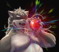 Rule 34 | 1boy, animal ears, apple, aura, bara, belly, black background, brown fur, brown hair, chest tuft, colored sclera, commentary, dog boy, dog ears, facial scar, fangs, fat, fat man, food, fruit, furry, furry male, guadr, hair over one eye, highres, holding, holding food, holding fruit, large pectorals, light particles, light rays, long hair, male focus, muscular, muscular male, nipples, nude, open mouth, pawpads, pectorals, red eyes, red sclera, scar, scar on cheek, scar on chest, scar on face, scar on nose, shino (housamo), solo, thick eyebrows, tokyo houkago summoners, upper body
