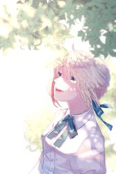 Rule 34 | 1girl, ahoge, artoria pendragon (fate), blonde hair, blue ribbon, braid, breasts, dappled sunlight, dress shirt, fate/stay night, fate (series), french braid, from side, green eyes, hair ribbon, highres, lips, open mouth, ribbon, roku (ntbr fate), shirt, small breasts, smile, solo, sunlight, teeth, tree, upper body, upper teeth only, white shirt