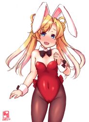 Rule 34 | 1girl, abukuma (kancolle), alternate costume, animal ears, artist logo, bare shoulders, black ribbon, blonde hair, blue eyes, blush, bow, bowtie, breasts, brown pantyhose, cameltoe, cleft of venus, collarbone, covered navel, cowboy shot, dated, detached collar, double bun, fake animal ears, hair between eyes, hair bun, hair rings, highres, kanon (kurogane knights), kantai collection, leotard, long hair, looking at viewer, open mouth, pantyhose, playboy bunny, rabbit ears, red leotard, ribbon, signature, simple background, small breasts, smile, solo, strapless, strapless leotard, tail, twintails, white background, wrist cuffs