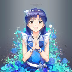 Rule 34 | 1girl, :d, bare arms, bare shoulders, blue dress, blue flower, blue hair, blue rose, blush, brown hair, character name, copyright name, dress, floral background, flower, glint, hair ribbon, hairband, highres, idolmaster, idolmaster (classic), kisaragi chihaya, leaf, long hair, looking at viewer, ns.x, open mouth, own hands together, ribbon, rose, sleeveless, sleeveless dress, smile, solo, straight hair, tareme, white hairband, wristband