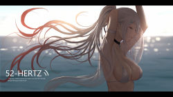 Rule 34 | 1girl, ak-12 (girls&#039; frontline), arm strap, armpits, arms up, bikini, black choker, breasts, choker, closed eyes, commentary, english commentary, english text, from side, girls&#039; frontline, grey hair, hair ornament, hairclip, highres, large breasts, letterboxed, long hair, outdoors, parted lips, ponytail, selcky, sideboob, smile, swimsuit, upper body, water, white bikini