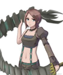 Rule 34 | 1girl, armband, bare shoulders, belt, blue eyes, breasts, brown hair, buckle, cleavage, cowboy shot, crop top, detached sleeves, grey hair, groin, hair ornament, hairclip, holding, holding weapon, jewelry, looking at viewer, lowleg, midriff, navel, neck ring, puffy sleeves, rexlent, serious, short hair, shorts, simple background, small breasts, solo, strapless, suspenders, sword, tank top, terra battle, tube top, twitter username, velraine (terra battle), weapon, whip sword, white background