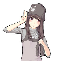 Rule 34 | 1girl, brown eyes, brown hair, hat, jewelry, necklace, original, pearl necklace, solo, turtleneck, unasaka ryou, v