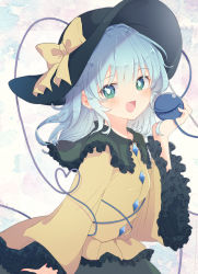 Rule 34 | 1girl, :d, absurdres, aoi (annbi), black hat, blue hair, blush, bow, bright pupils, frilled shirt, frilled shirt collar, frilled sleeves, frills, green eyes, hat, hat bow, hat ornament, heart, heart of string, highres, holding, komeiji koishi, long hair, long sleeves, looking at viewer, multicolored background, open mouth, shirt, smile, solo, third eye, touhou, upper body, wide sleeves, yellow bow, yellow shirt