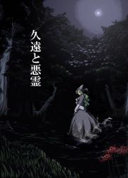 Rule 34 | 1girl, bad id, bad pixiv id, dark, dress, female focus, flower, forest, full moon, green eyes, green hair, hat, highres, long hair, long sleeves, looking back, matching hair/eyes, mima (touhou), moon, nature, night, smoke, solo, text focus, touhou, touhou (pc-98), translated, tree, water, wizard hat, yange
