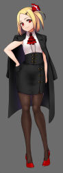 Rule 34 | 1girl, aged up, alternate hairstyle, arm at side, ascot, bare arms, black gloves, black jacket, black skirt, blonde hair, brown pantyhose, collared shirt, cross hair ornament, full body, gloves, grey background, haiiro gundan, hair ornament, hair ribbon, hairpin, half gloves, hand on own hip, head tilt, high-waist skirt, highres, jacket, looking at viewer, miniskirt, pantyhose, pencil skirt, pigeon-toed, red ascot, red eyes, red footwear, red ribbon, ribbon, rumia, shirt, shoes, side slit, simple background, skirt, sleeveless, sleeveless shirt, smile, solo, standing, touhou, white shirt, wing collar
