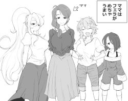 Rule 34 | 4girls, arms behind back, arrow (symbol), bare shoulders, closed eyes, glasses, greyscale, hair over one eye, hands on own hips, henyaan (oreizm), long hair, messy hair, monochrome, multiple girls, original, ponytail, short hair, translated, very long hair, white background