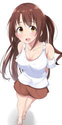 Rule 34 | 10s, 1girl, absurdres, arms behind back, bare shoulders, breasts, brown eyes, brown hair, cleavage, foreshortening, full body, half updo, highres, idolmaster, idolmaster cinderella girls, long hair, looking at viewer, medium breasts, one side up, open mouth, shimamura uzuki, smile, solo, standing, suzutarou gunsou, white background