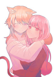 Rule 34 | 2girls, :3, animal ear fluff, animal ears, beige sweater, blunt bangs, blush, cat ears, cat girl, cat tail, chinese commentary, eyebrows hidden by hair, gradient hair, green hair, highres, hololive, hololive english, hug, kemonomimi mode, looking at viewer, mori calliope, multicolored hair, multiple girls, off-shoulder sweater, off shoulder, one eye closed, orange hair, pink hair, purple eyes, red eyes, red sweater, smile, sweater, tail, takanashi kiara, v-shaped eyebrows, virtual youtuber, yuri, zhong+in