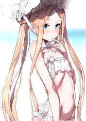 Rule 34 | 1girl, abigail williams (fate), abigail williams (swimsuit foreigner) (fate), abigail williams (swimsuit foreigner) (third ascension) (fate), bare shoulders, bikini, blonde hair, blue eyes, blush, bonnet, bow, braid, braided hair rings, breasts, duplicate, fate/grand order, fate (series), forehead, groin, hair bow, hair rings, highres, keyhole, long hair, looking at viewer, lowleg, miniskirt, navel, parted bangs, sidelocks, simple background, skirt, small breasts, smile, solo, swimsuit, takanashi kei (hitsujikan), twin braids, twintails, very long hair, white background, white bikini, white bow, white headwear
