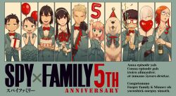 Rule 34 | 5boys, 5girls, anya (spy x family), balloon, becky blackbell, black gloves, black hair, blonde hair, bond (spy x family), bottle, bouquet, bow, bowtie, brown hair, cake, column lineup, confetti, copyright name, cup, damian desmond, dog, dress, drinking glass, endou tatsuya, fiona frost, flower, food, formal, franky franklin, gift, glasses, gloves, grey hair, hat, heart balloon, highres, looking at viewer, multiple boys, multiple girls, number balloon, official art, party hat, party popper, pink hair, red hair, smile, spy x family, suit, sylvia sherwood, tuxedo, twilight (spy x family), wine bottle, wine glass, yor briar, yuri briar