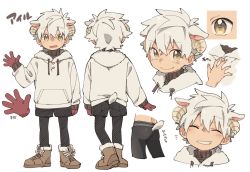 Rule 34 | 1boy, animal ears, animal toyroom, boots, character sheet, child, extra ears, full body, gloves, highres, hood, hoodie, horns, looking at viewer, male focus, multiple views, open mouth, original, sheep boy, sheep ears, sheep horns, sheep tail, shorts, simple background, smile, tail, virtual youtuber, waving, white background, white hair, yellow eyes