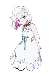 Rule 34 | 1girl, arms behind back, blue ribbon, blunt ends, bob cut, bright pupils, closed mouth, collar, colored inner hair, cropped legs, dohna dohna issho ni warui koto o shiyou, dress, expressionless, frilled dress, frills, grey hair, hair ornament, head tilt, heart, heart hair ornament, highres, looking at viewer, multicolored hair, nnn-ollll, pink eyes, pink hair, porno (dohna dohna), ribbon, short hair, simple background, sleeveless, sleeveless dress, solo, spaghetti strap, spiked collar, spikes, waist ribbon, white background, white dress, white pupils