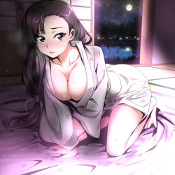 Rule 34 | 10s, 1girl, arm support, bed sheet, black hair, blush, breasts, brown eyes, cleavage, collarbone, full moon, futon, girls und panzer, japanese clothes, kimono, kneeling, large breasts, long hair, looking at viewer, low-tied long hair, moon, nakahira guy, night, nishi kinuyo, open door, open mouth, sky, sliding doors, solo, star (sky), starry sky, sweat, wide sleeves, yukata
