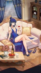 Rule 34 | 1girl, absurdres, anklet, apple, aqua eyes, arm support, armlet, blue curtain, blue dress, blue footwear, blue hair, book, bottle, breasts, cabinet, closed mouth, cork, corked bottle, couch, crossed legs, cup, cushion, dress, drinking glass, flower, food, fruit, glass, grapes, hand up, high heels, highres, holding, holding cup, indoors, jewelry, light blush, long dress, long hair, looking at viewer, medium breasts, meinoss, on couch, orange (fruit), original, picture frame, pillow, red wine, shoes, single shoe, sitting, sleeveless, sleeveless dress, solo, strappy heels, table, unworn shoe, unworn shoes, v-neck, vase, wine, wine bottle, wine glass, wooden floor, wooden table