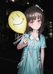 Rule 34 | 1girl, absurdres, balloon, blue dress, blush, bow, bowtie, brown eyes, brown hair, closed mouth, cowboy shot, dress, gishiki (gshk), hair bow, highres, holding, holding balloon, looking at viewer, night, original, outdoors, red pupils, ribbon, short sleeves, smile, solo, white bow, white ribbon