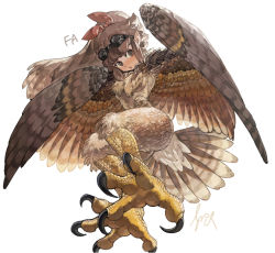 Rule 34 | 1girl, abuku, bird, bird legs, bird wings, black claws, borrowed character, brown eyes, brown hair, brown wings, convenient censoring, eagle, feathered wings, feathers, from below, full body, goggles, goggles on head, harpy, long hair, looking at viewer, monster girl, neck fur, nude, open mouth, original, simple background, solo, tagme, white background, winged arms, wings