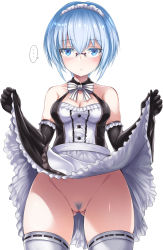 Rule 34 | ..., 1girl, apron, bare shoulders, black dress, black gloves, blue eyes, blue hair, blue pubic hair, blush, bow, bowtie, breasts, buttons, censored, cleavage, closed mouth, clothes lift, collarbone, colored pubic hair, cowboy shot, dress, dress lift, elbow gloves, eyelashes, female pubic hair, flashing, frilled apron, frilled dress, frilled gloves, frills, glasses, gloves, gluteal fold, groin, hair between eyes, hands up, highres, legs apart, lifted by self, looking at viewer, maid, maid apron, maid headdress, medium breasts, mosaic censoring, no panties, original, pubic hair, pussy, ribbon-trimmed legwear, ribbon trim, rimless eyewear, shimo (depthbomb), short dress, short hair, simple background, skirt, skirt hold, skirt lift, sleeveless, sleeveless dress, solo, spoken ellipsis, standing, striped bow, striped bowtie, striped clothes, striped neckwear, thighhighs, waist apron, white apron, white background, white thighhighs