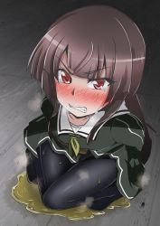 Rule 34 | 1girl, angry, arms behind back, bdsm, black pantyhose, blush, bondage, bound, brown hair, clenched teeth, collarbone, crying, dress, embarrassed, female focus, from above, full body, green dress, green neckerchief, grey background, highres, juujou hiyori, knees together feet apart, long hair, long sleeves, looking at viewer, miso bon, neckerchief, nose blush, pantyhose, peeing, peeing self, puddle, red eyes, rope, school uniform, solo, squatting, steam, tears, teeth, toji no miko, wet, wet clothes