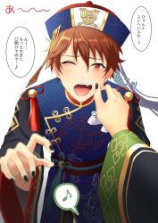 Rule 34 | 2boys, blush, brown eyes, brown hair, cheek pull, chinese clothes, closed mouth, ensemble stars!, ghost, hair between eyes, halloween costume, hand up, hat, highres, jiangshi, jiangshi costume, kindo, looking at viewer, male focus, morisawa chiaki, multiple boys, multiple girls, ofuda, open mouth, outstretched arms, red eyes, ryuuseitai (ensemble stars!), school uniform, short hair, simple background, solo, takamine midori, translation request, white background, yumenosaki school uniform