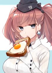 Rule 34 | 1girl, atlanta (kancolle), bacon, black eyes, bra visible through clothes, bread, bread slice, breasts, brown hair, commentary, earrings, egg, egg (food), food, fried egg, fried egg on toast, garrison cap, gloves, hat, headgear, highres, holding, holding food, jewelry, kantai collection, katsuobushi (eba games), large breasts, long sleeves, open mouth, partially fingerless gloves, single earring, solo, star (symbol), star earrings, sunny side up egg, toast, twintails, two side up, upper body, white gloves