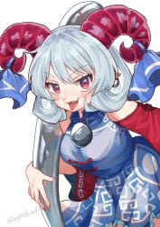 Rule 34 | 1girl, bare shoulders, blue dress, breasts, cowboy shot, curled horns, detached sleeves, dress, earrings, fingernails, grey hair, highres, horns, jewelry, long fingernails, medium breasts, nail polish, open mouth, oversized object, pointy ears, rectangular pupils, red eyes, red horns, red nails, red sleeves, sharp fingernails, sharp teeth, sheep horns, short hair, smile, solo, spoon, teeth, tongue, tongue out, touhou, toutetsu yuuma, twitter username, uchisaki himari