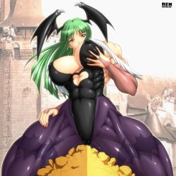 Rule 34 | 1girl, abs, between legs, between thighs, breasts, capcom, crushing, extreme muscles, female focus, hand on breast, hand on thigh, leotard, morrigan aensland, muscular, pillar, ren (tainca2000), sitting, solo, stone, thick thighs, thighs, vampire (game)