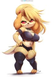 Rule 34 | 1girl, absurdres, animal crossing, black legwear, breasts, collar, colored sclera, crop top, dog girl, furry, furry female, fusion, goth fashion, growling, hand on own hip, highres, isabelle (animal crossing), laces, large breasts, loona (helluva boss), miniskirt, nintendo, red sclera, skirt, solo, spiked collar, spikes, standing, viejillox, white background